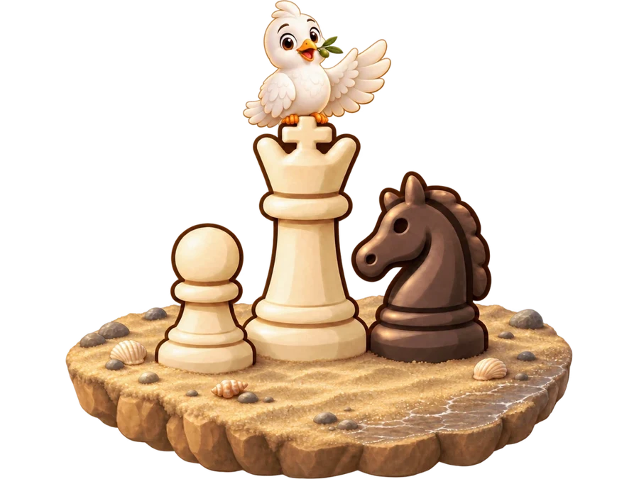 An ivory king with Noah's dove on its crown, beside a pawn and a dark knight on a sandy island